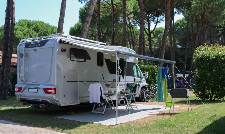 Campingvogn på campingplads under træer med markise og stole.